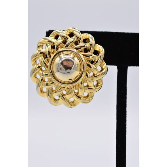 Givenchy Vintage Clip On Earrings Chunky Gold Flower Weaved Signed Runway BinAG - Picture 7 of 12